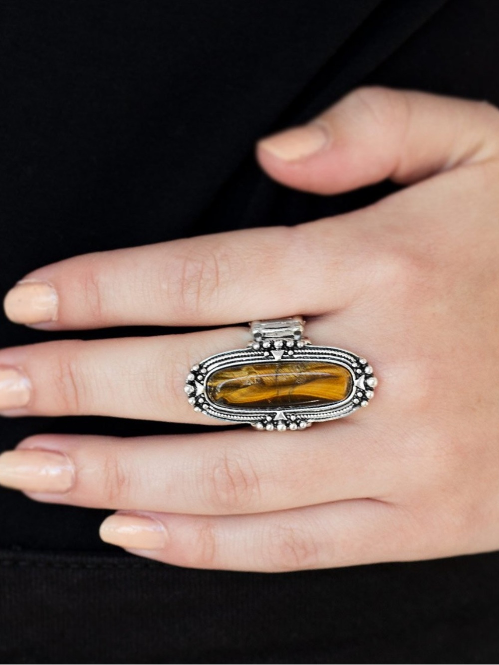 New! Desert Tranquility Silver-Tone Tiger's Eye Oval Statement Ring One Size